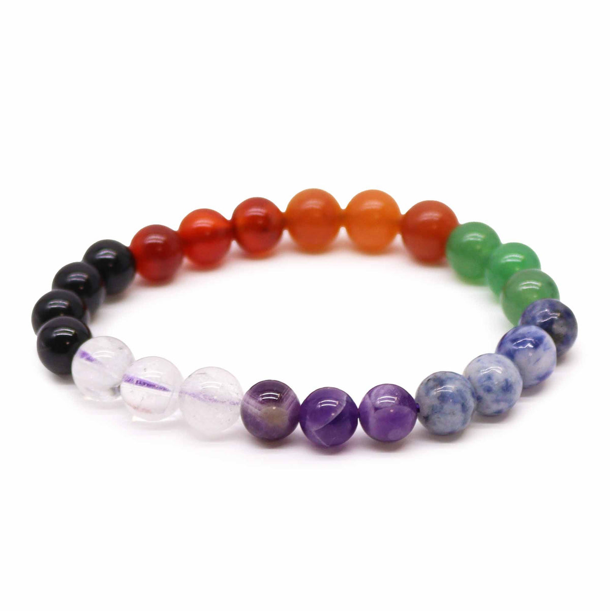 Chakra Stones bracelet alone in a loop, showing its coloured beads against white