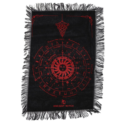 Ancient Witch Pendulum Divination Cloth, black fabric with blood red sun face design and fringed edges