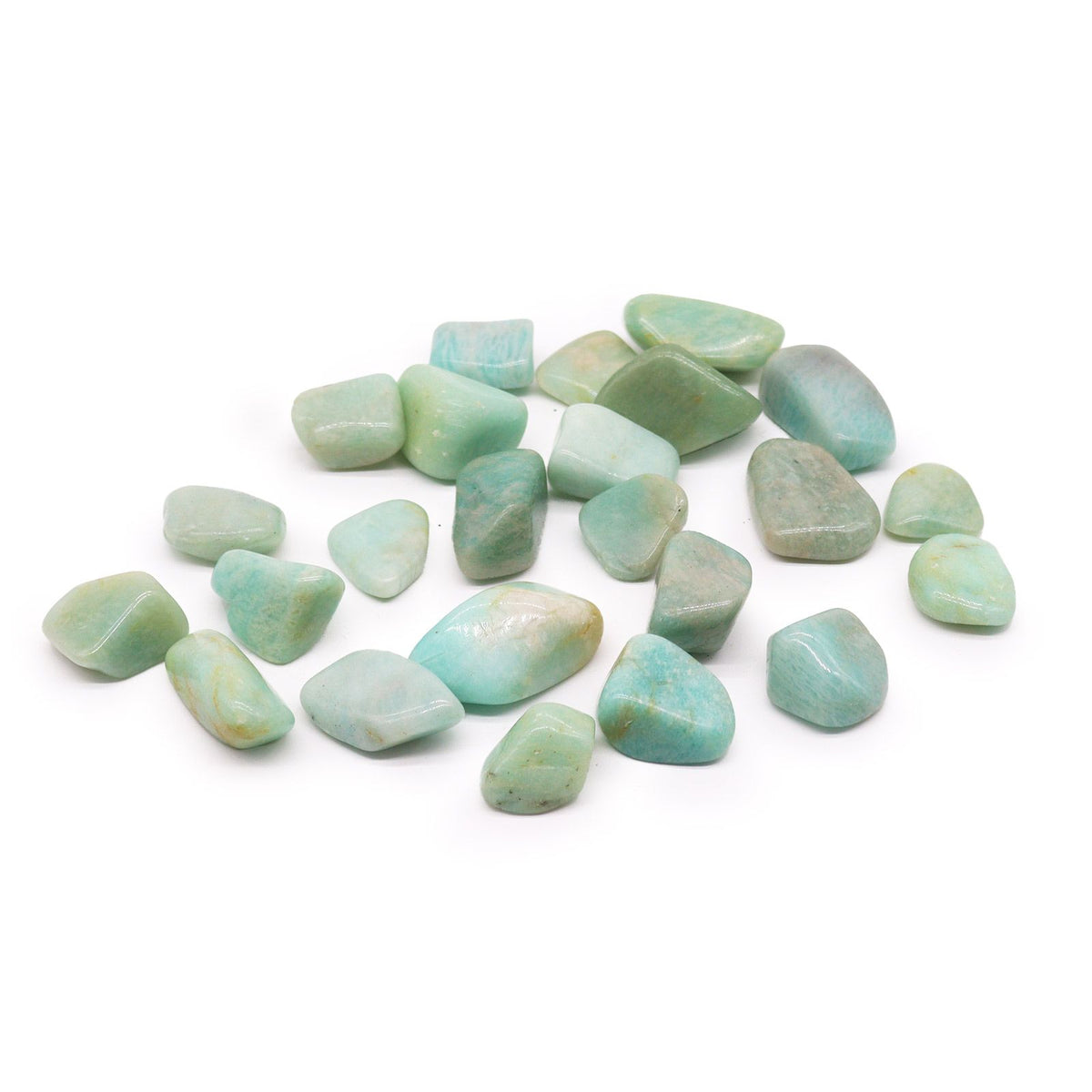 L Tumble Stones, Amazonite in a group, rounded pale green and blue stones on a white background