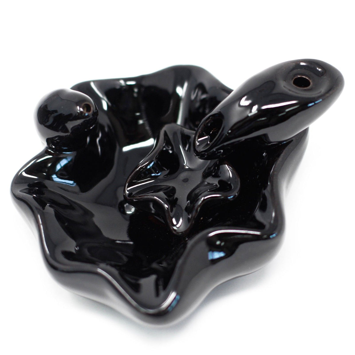 Back Flow Incense Burner, Large Pools to Pools, glossy black sculpted burner shown from above on white