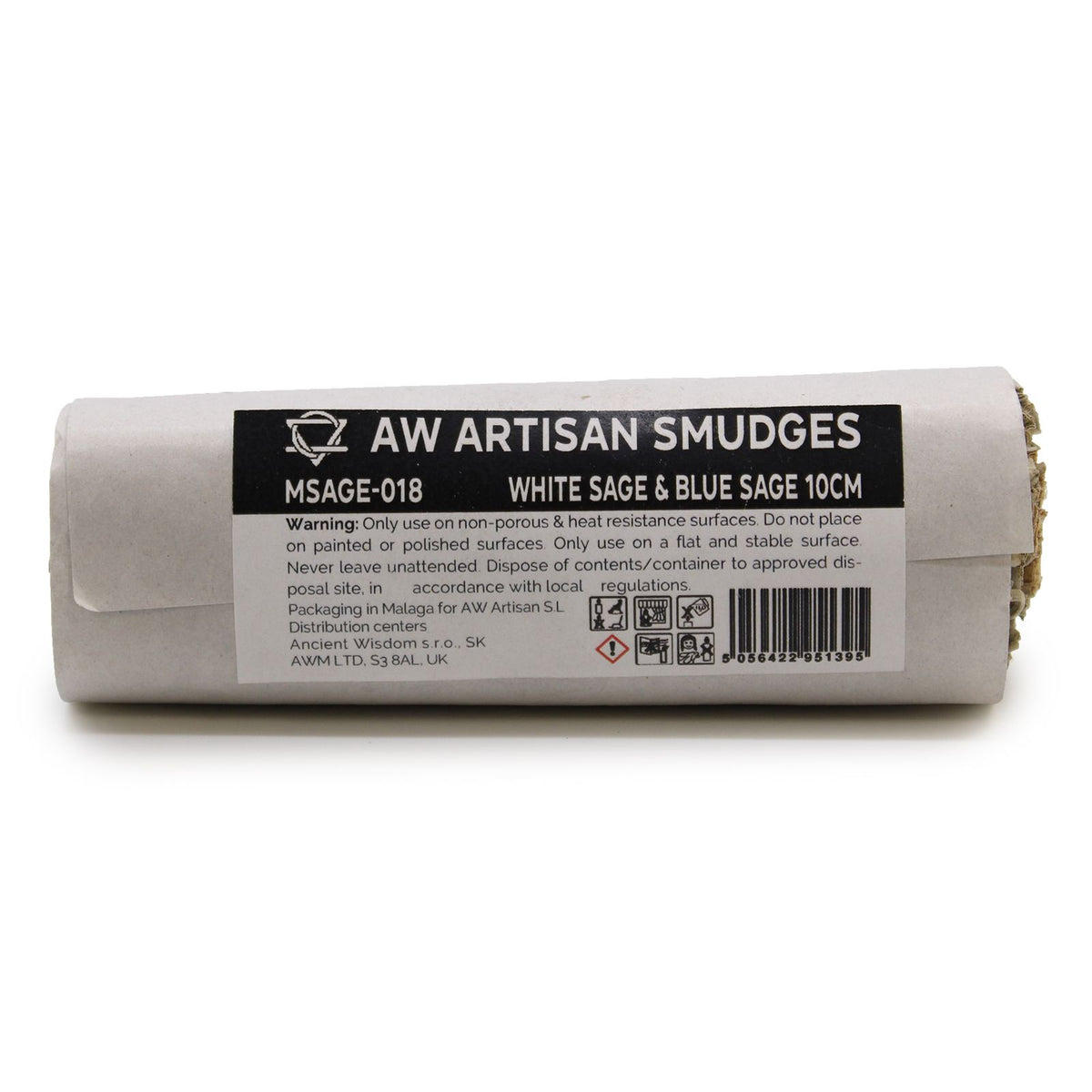 Smudge Stick, White Sage & Blue Sage 10cm in a white paper wrapper, with the product label facing forwards