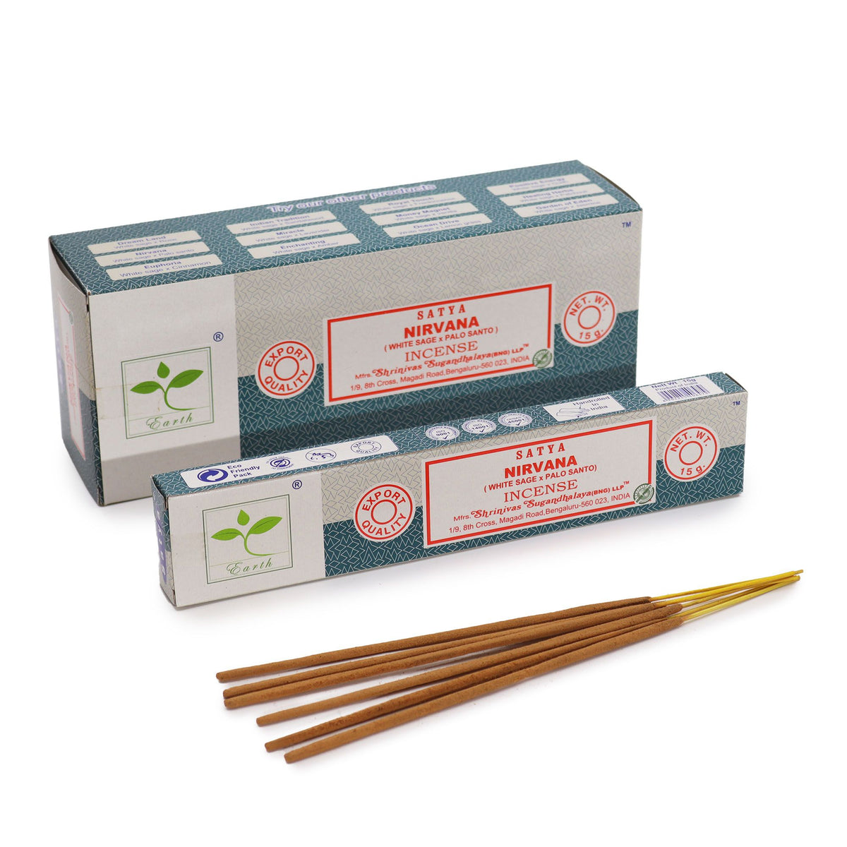 Satya Incense 15gm, Nirvana (White Sage & Palo Santo) boxes with loose brown incense sticks on white