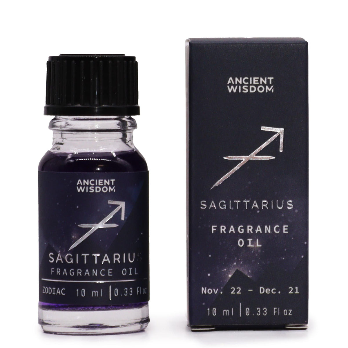 Sagittarius zodiac fragrance oil bottle in dark purple glass next to its star-sign gift box