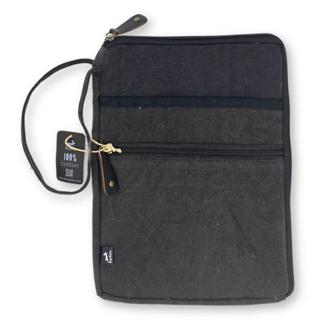 Charcoal laptop pouch shown closed from the front, with a zip pocket, wrist loop and hanging tag