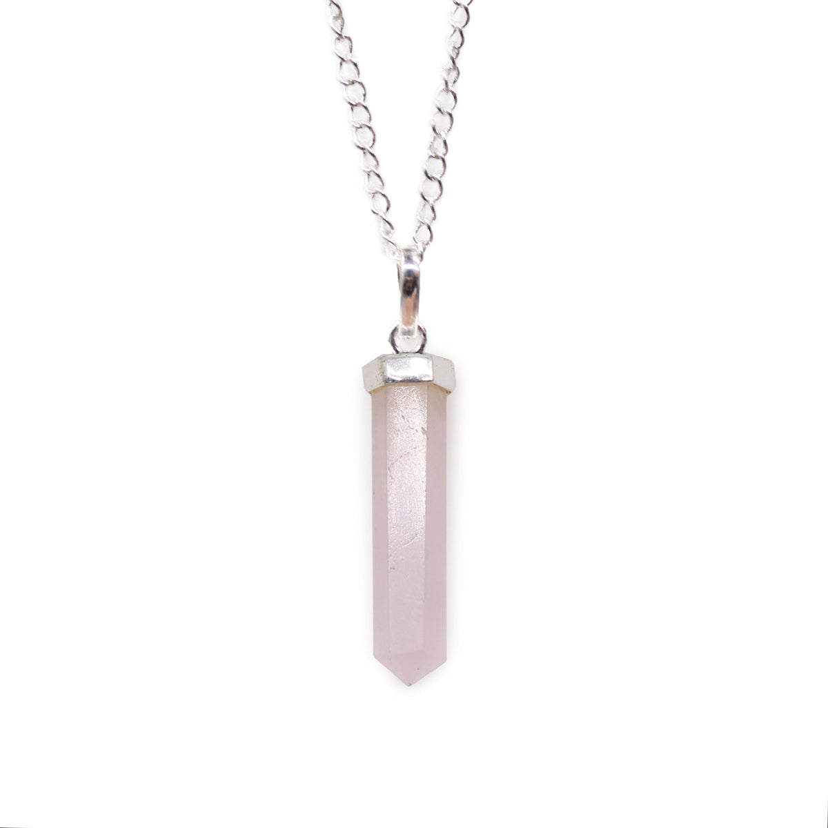 Gemstone Classic Point Pendant, Rose Quartz, pale pink pointed stone on a silver-coloured chain against white