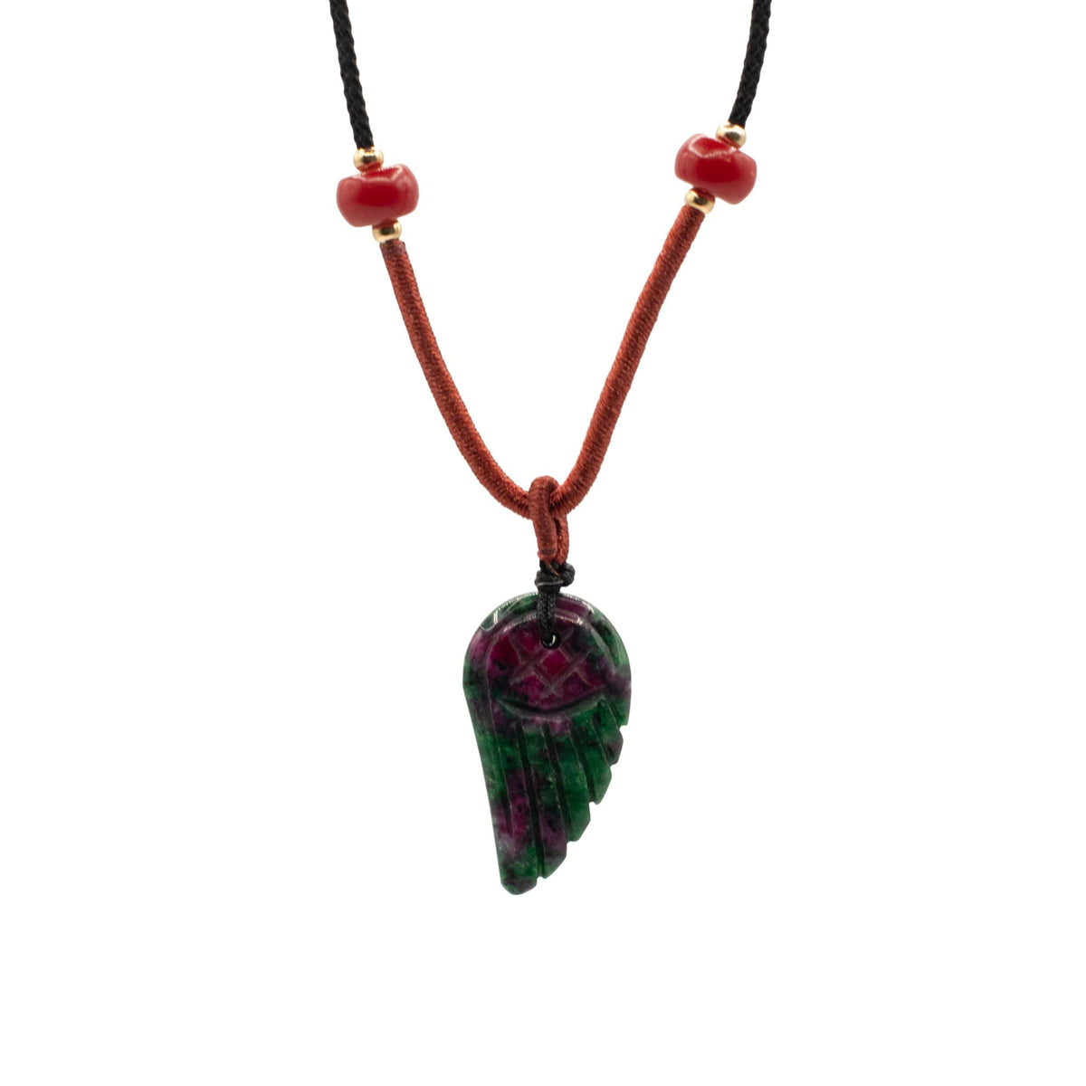 Cord Necklace Gemstone Pendant, Morganite Angel Wing, green and purple pendant on red and black cords against white