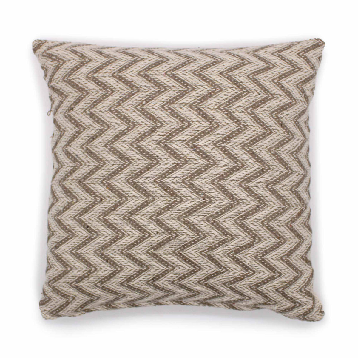 Grey and cream herringbone cushion cover shown straight on, with its wide zigzag pattern visible
