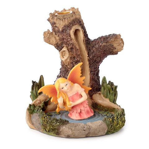 Ancient Tree Fairy Lake Backflow Incense Burner with a pink fairy in a blue pool at the tree's base