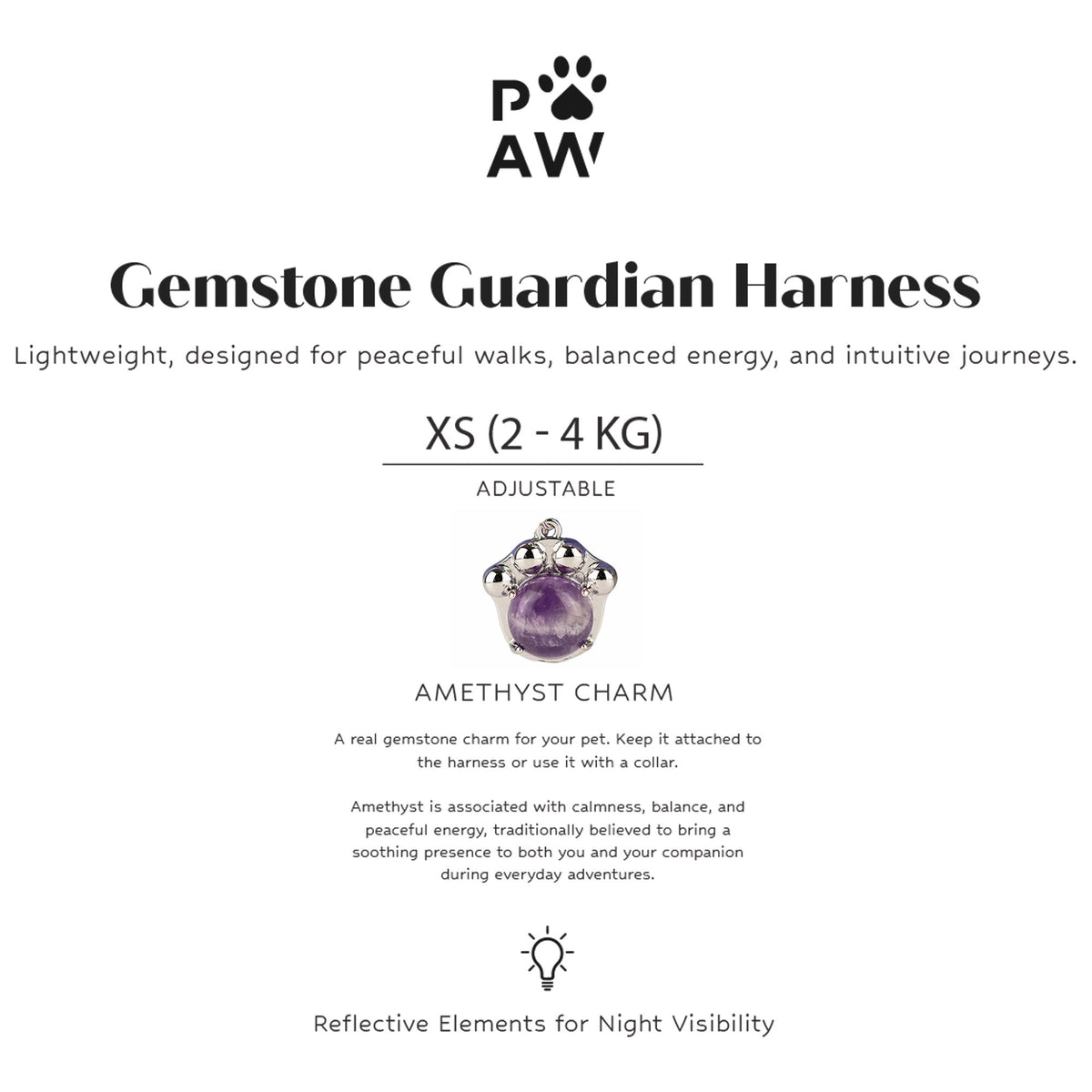 Harness size guide showing XS for 2 to 4 kg dogs