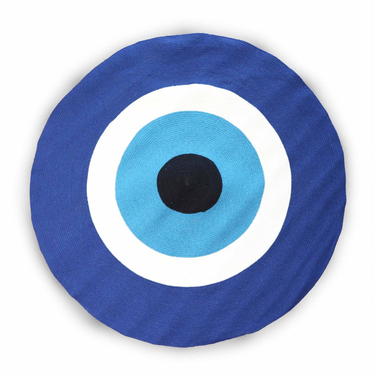 Round evil eye rug shown from above against a white background, with blue, white and black rings