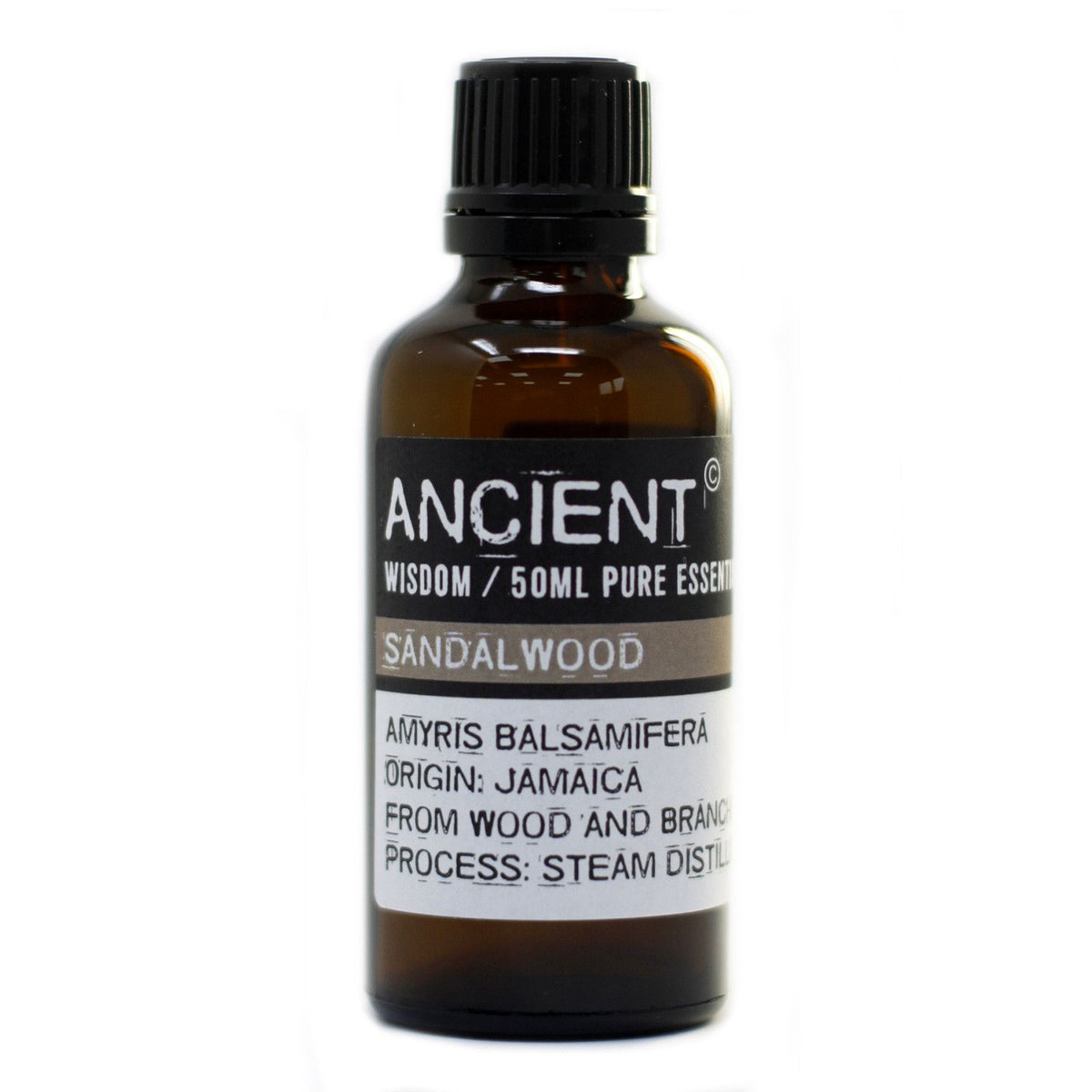 Sandalwood Amayris amber bottle with a black cap and its printed label facing forwards