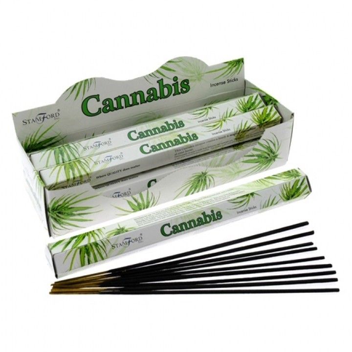 Cannabis Premium Incense in green and white Stamford boxes, with black incense sticks displayed in front