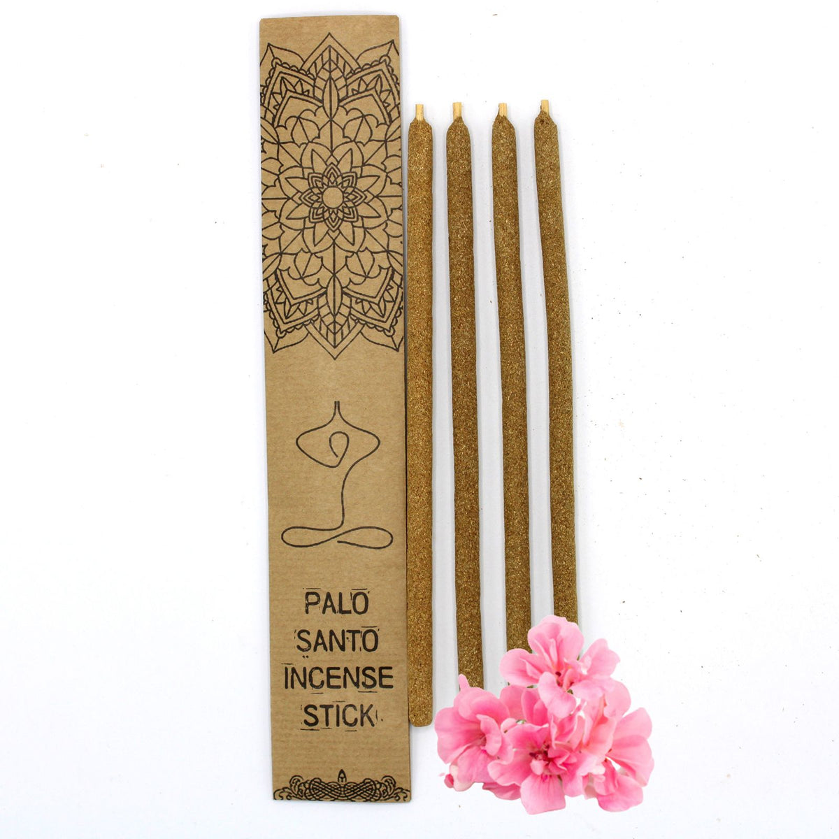 Palo Santo Large Incense Sticks, Fresh Flowers, four brown sticks beside a decorated cardboard box and pink flowers