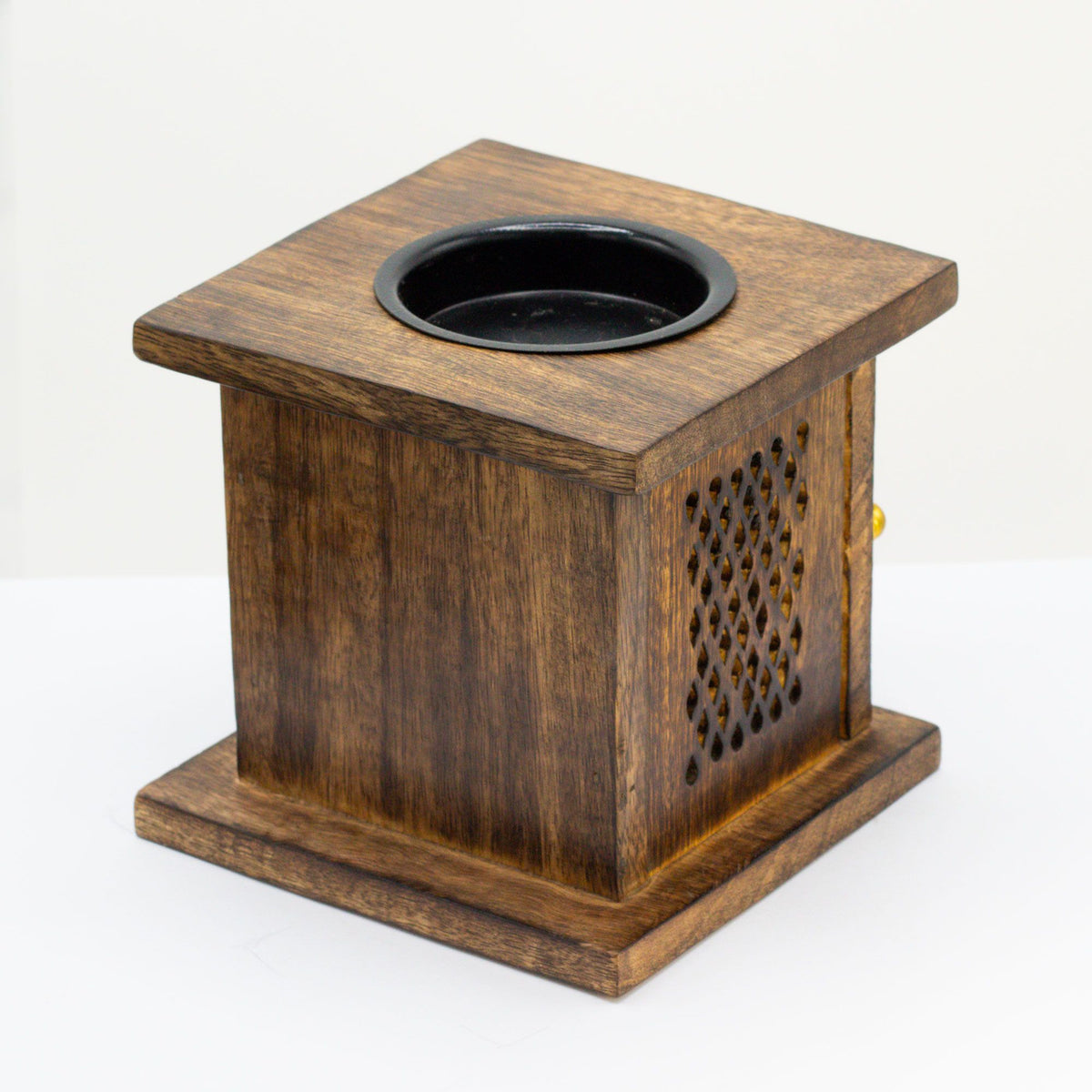 Large Mango Box Burner, Elephant in brown wood with a black dish and pierced side panel