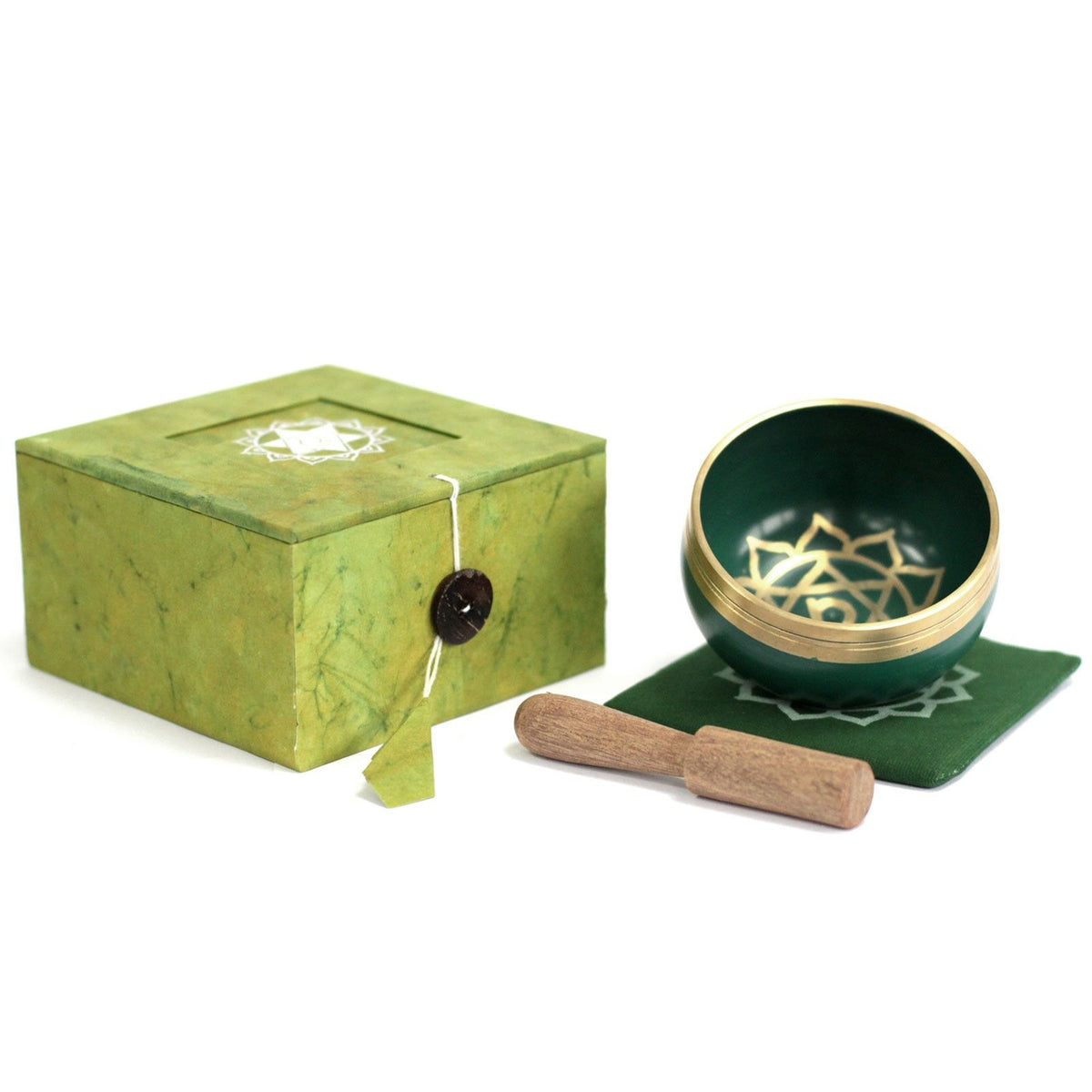 Chakra Singing Bowl, Heart in green with matching box, square pad and wooden striker, shown from above