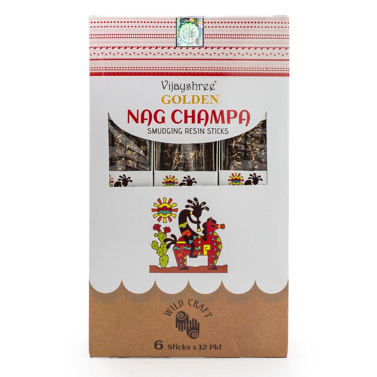 Golden Nag Champa carton shown straight on, with resin sticks visible through three windows