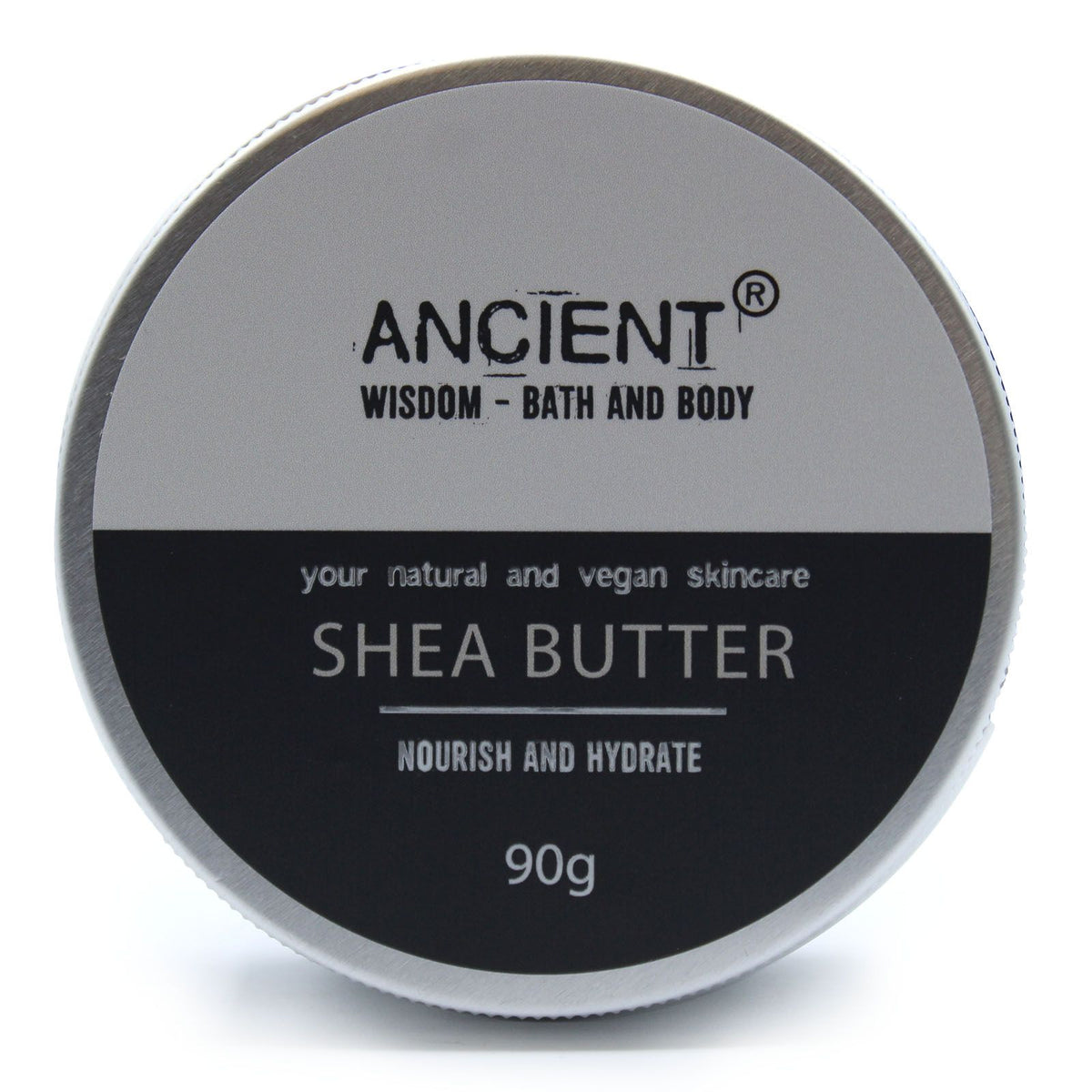 Pure Body Butter 90g, Shea Butter in a round silver tin, front label facing forwards