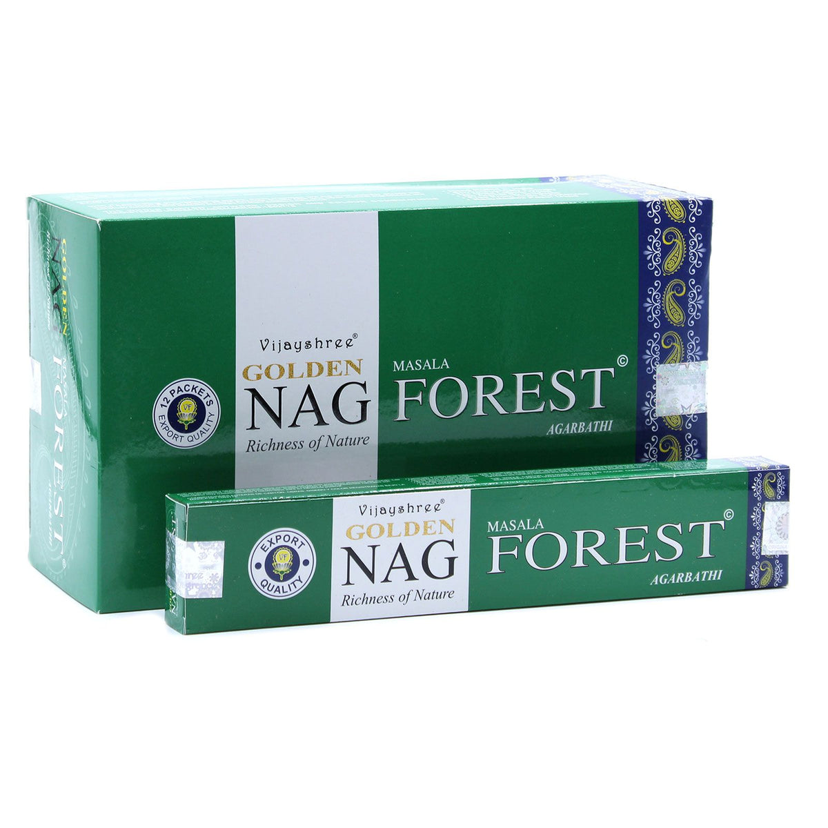 15g Golden Nag, Forest Incense in two green boxes, shown from the front on a white background