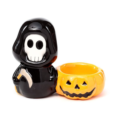 Ceramic Skull Boy Tea Light Candle Holder, front view with black hooded figure and orange pumpkin cup