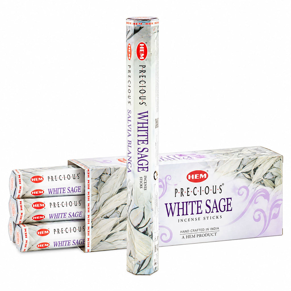 HEM Precious White Sage incense pack shown beside a box of packs