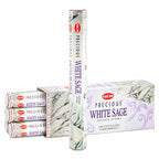 HEM Precious White Sage incense pack shown beside a box of packs