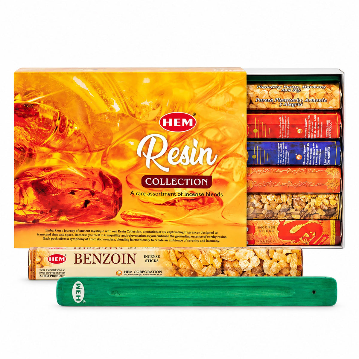 HEM Resin Collection box and incense packs beside ashcatcher