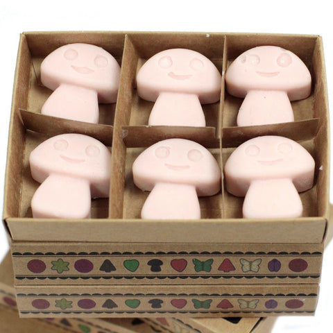 Open patterned kraft box showing six pink figure-shaped wax melts in separate compartments