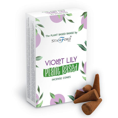 Plant Based Incense Cones, Violet Lilly, white and green box with brown cones displayed beside it