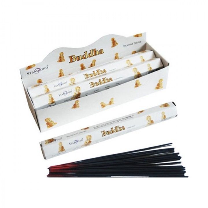 Buddha Premium Incense in a white Stamford display box, with one sleeve and loose dark incense sticks