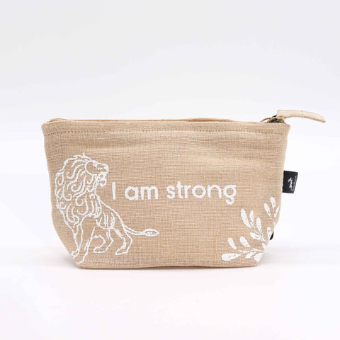 Hop Hare Pouch, I am Strong, beige pouch with white lion and leaf designs, shown from the front