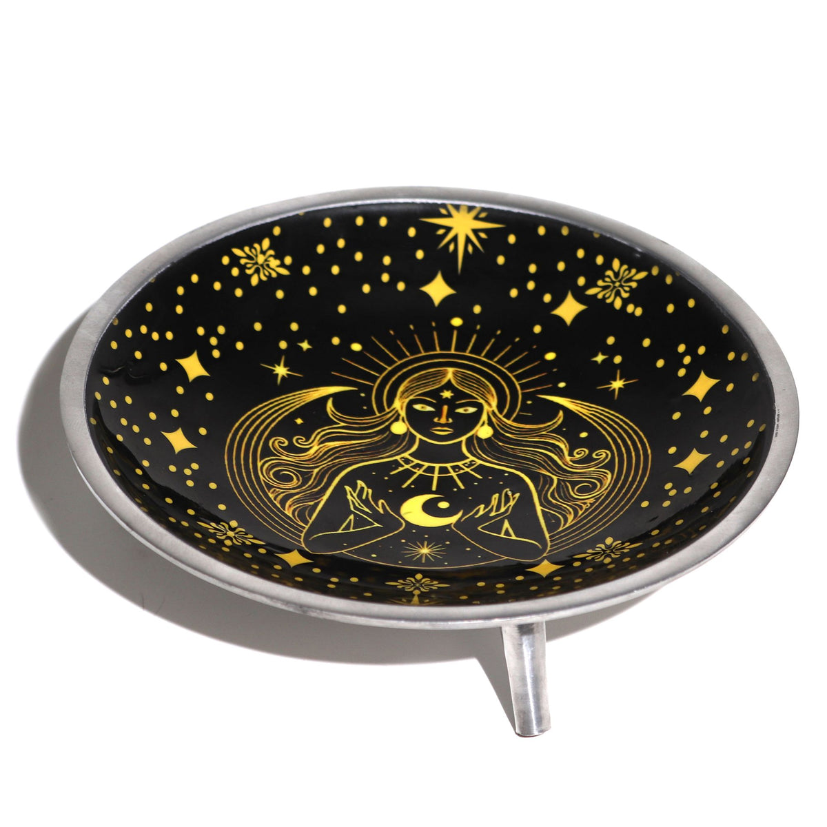 Triple Leg Enamelled Offering Plate, Gold Goddess on Black, angled view showing one silver leg