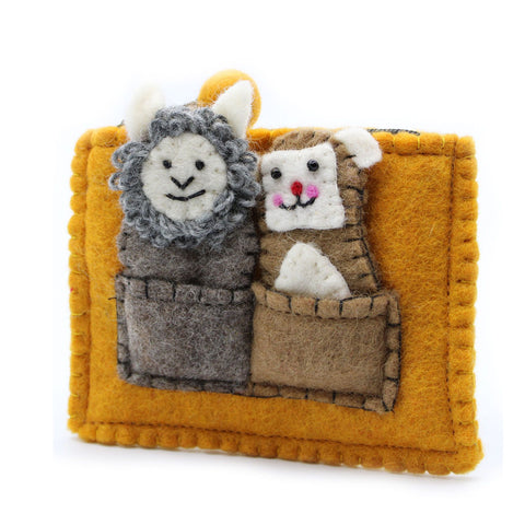 Pouch with Finger Puppets, Bear & Sheep, mustard yellow pouch with two animal puppets on the front