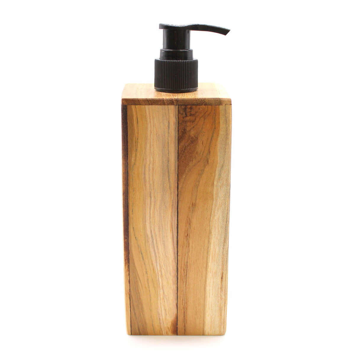 Front view of the square teakwood dispenser upright against a white background