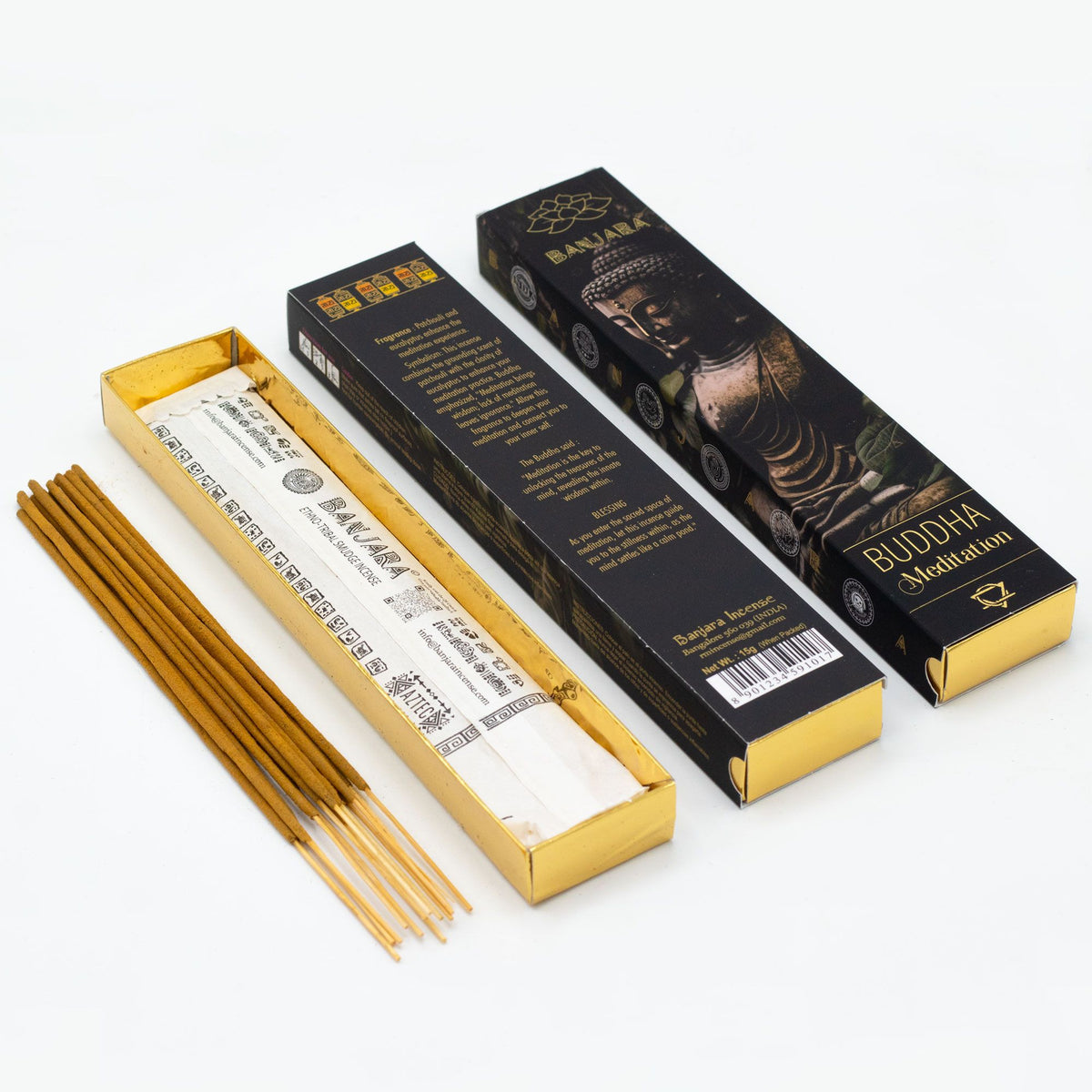 Banjara Buddha, Meditation incense with loose sticks, an open inner tray and two black boxes