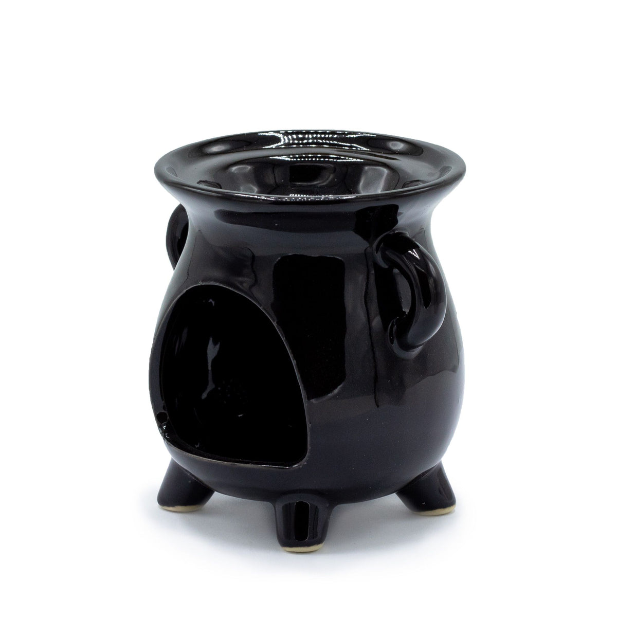 Cauldron Oil Burner, Tree of Life, Black, shown from the front with its open bowl and large side opening