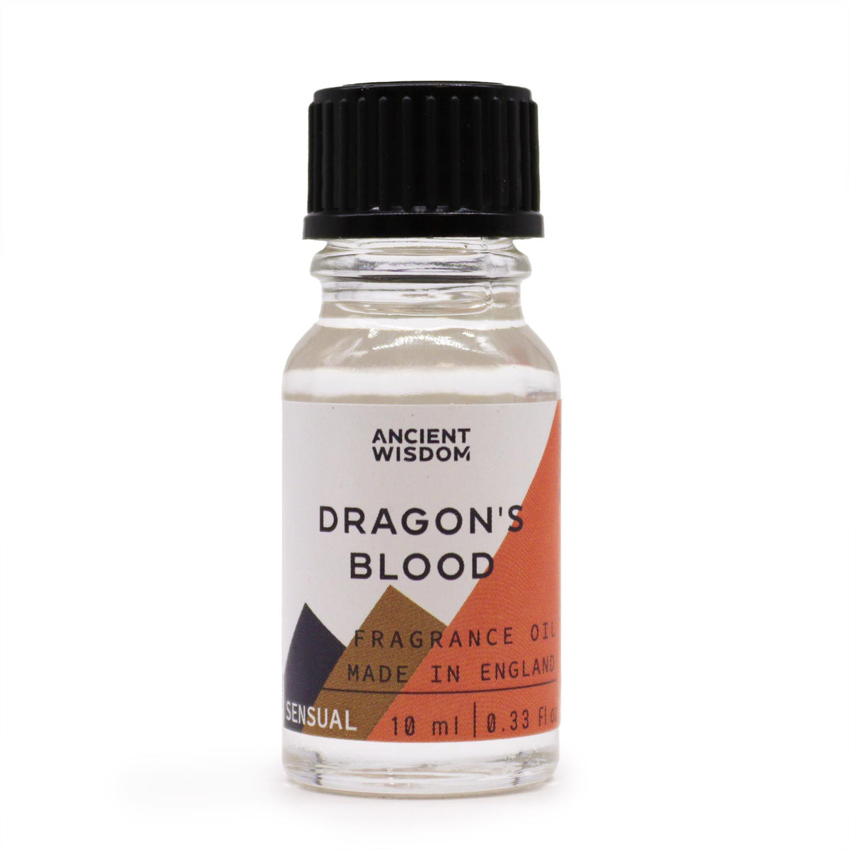 10ml Dragon's Blood Fragrance Oil in a clear bottle with black cap, front view on white