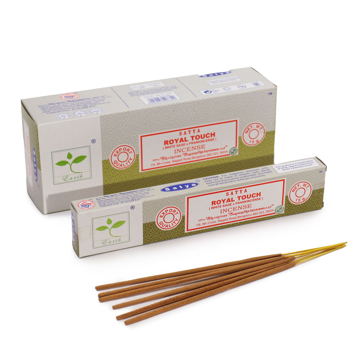 Satya Incense 15gm, Royal Touch (White Sage & Frankincense), boxes with loose brown incense sticks
