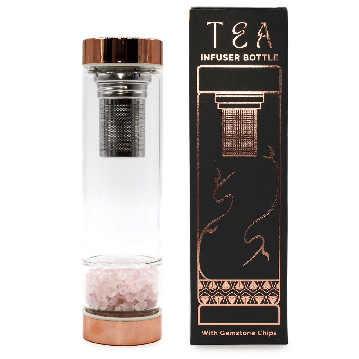 Crystal Glass Tea Infuser Bottle, Rose Gold, Rose Quartz with a mesh infuser and pink stones beside its box