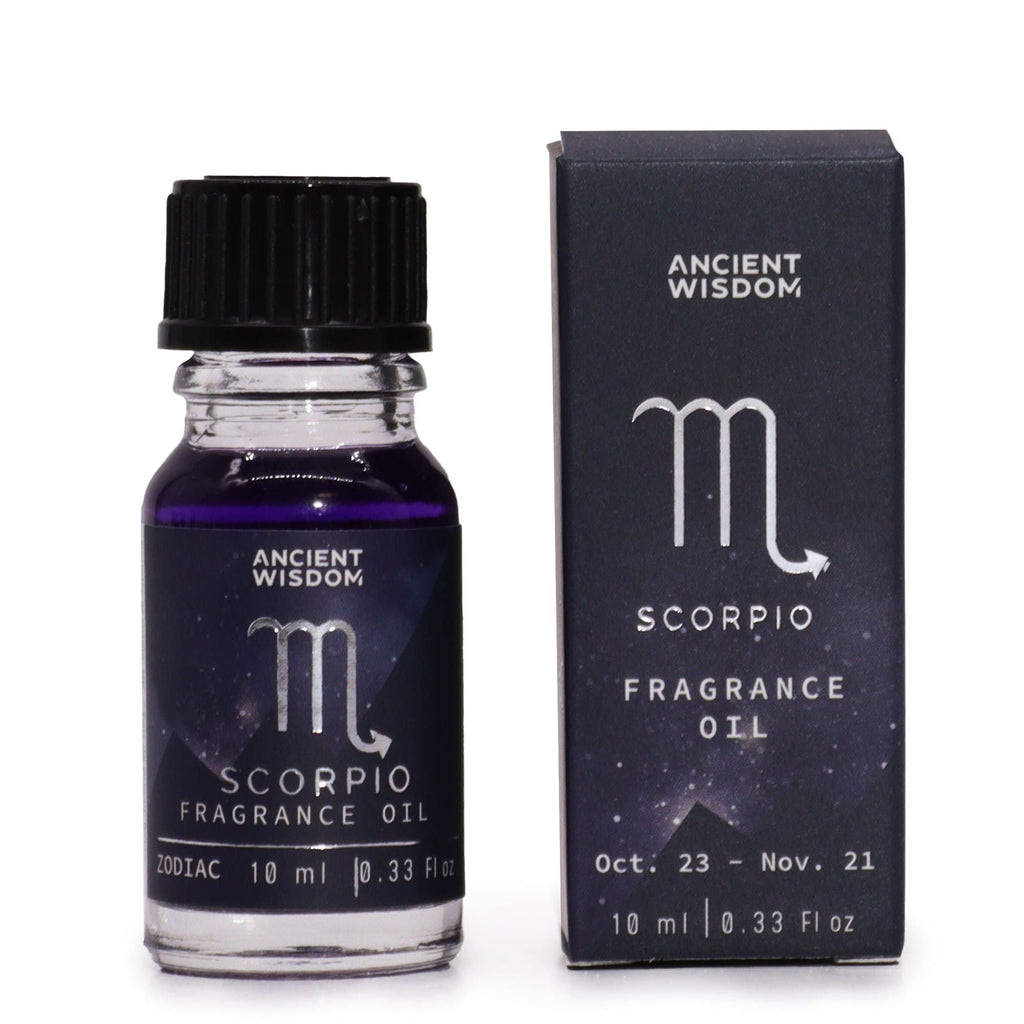 Scorpio zodiac fragrance oil bottle in dark purple glass next to its star-sign gift box