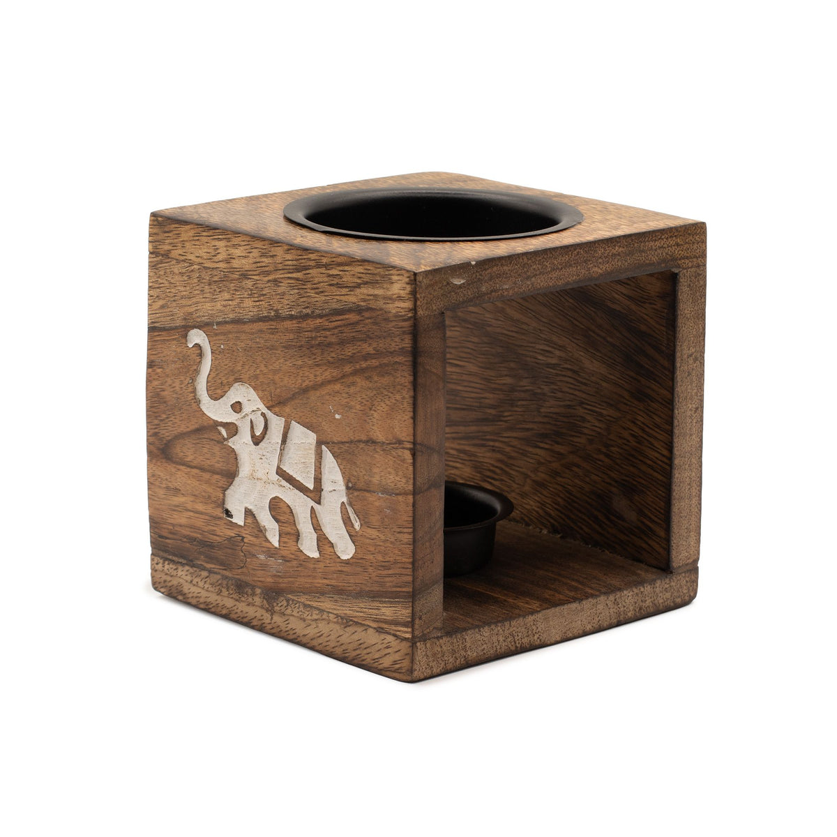 Square Mango Wood Oil Burner, Elephant, brown cube with a pale elephant motif and black dishes