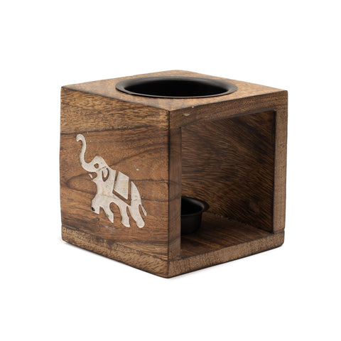 Square Mango Wood Oil Burner, Elephant, brown cube with a pale elephant motif and black dishes