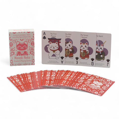 Fortune Cats Playing & Oracle Cards, Maneki Neko deck box, sample cat cards and red patterned backs fanned out