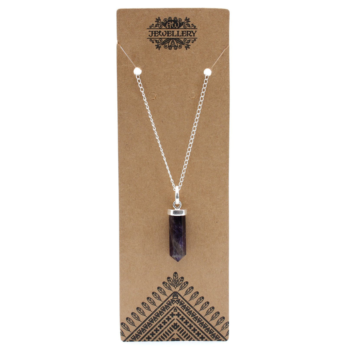 Gemstone Classic Point Pendant, Amethyst on a brown jewellery card, front view of the purple point and silver chain