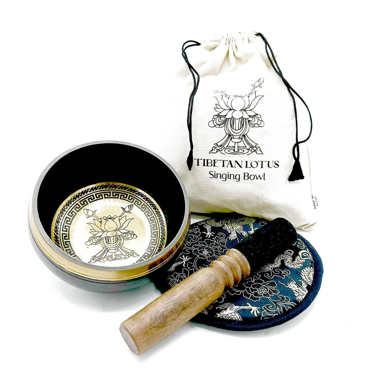 Hand Beaten & Engraved Singing Bowl Gift Set, 14cm, Lotus Flower, bowl, striker, patterned cushion and drawstring bag