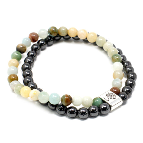 Close-up of the Amazonite magnetic gemstone bracelet arranged in overlapping loops, showing its beads and clasp