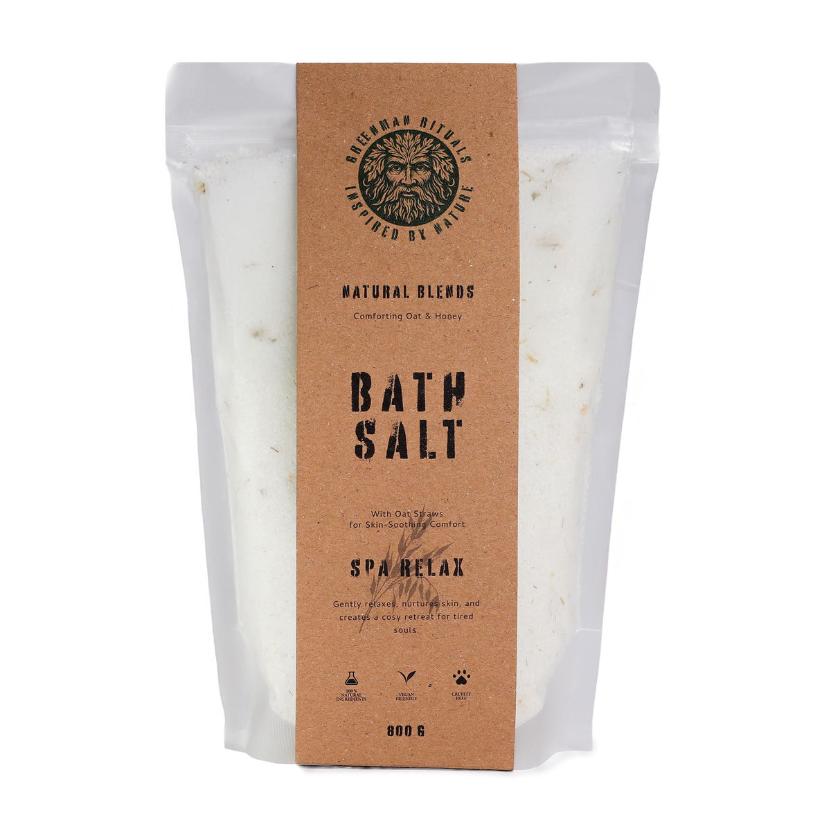 Front view of the white bath salt pouch with its kraft Greenman Rituals label