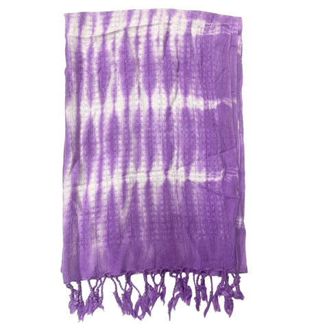 Boho Java Art Stole/Scarf, lavender and pale stripes with fringed ends, laid flat against white
