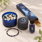 Scorpio zodiac gift set: candle in blue constellation glass, black bead bracelet, two black fizzers, incense box and oil