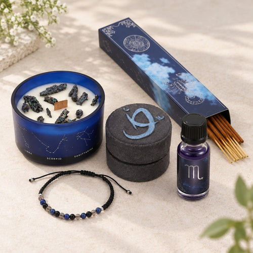 Scorpio zodiac gift set: candle in blue constellation glass, black bead bracelet, two black fizzers, incense box and oil