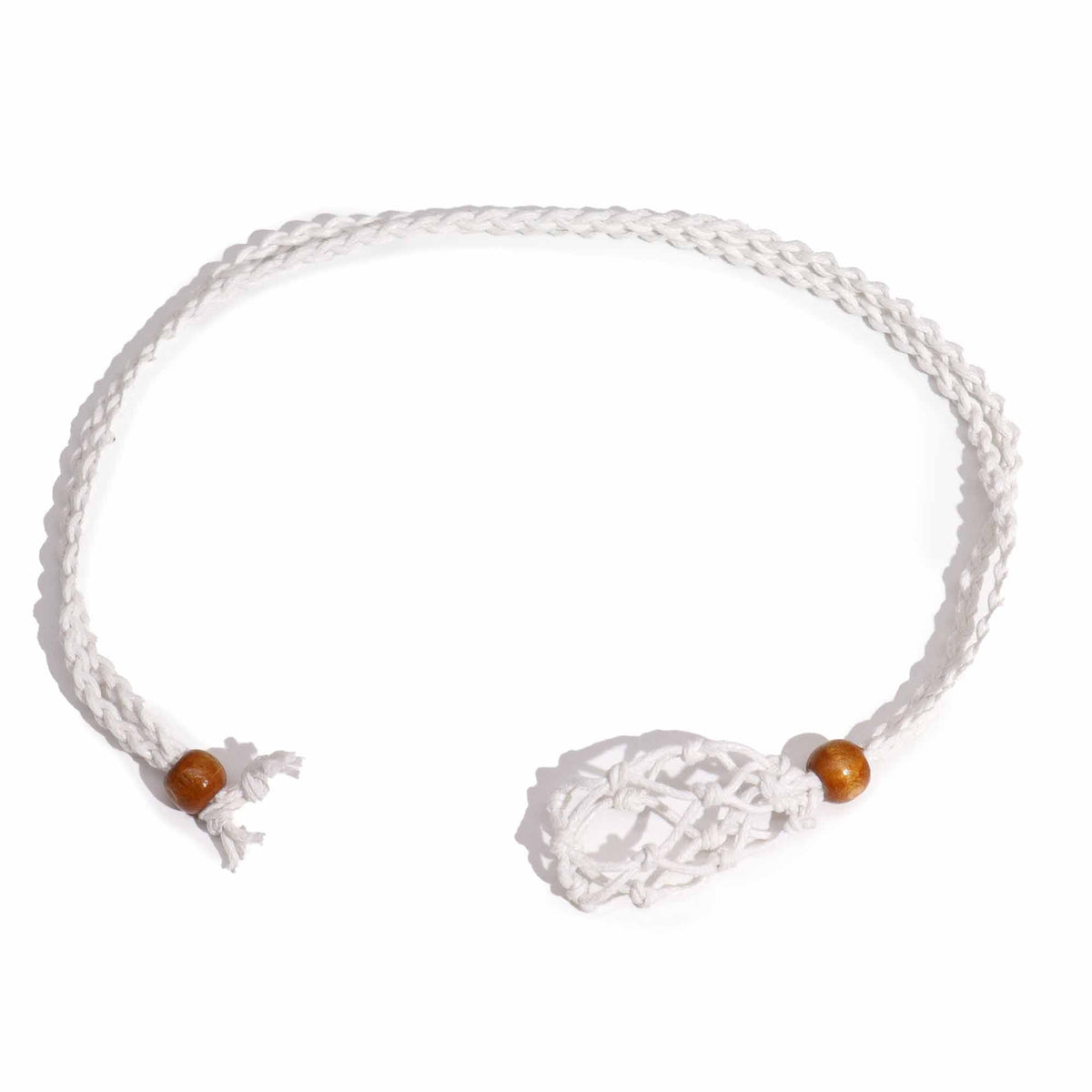 Gemstone Necklace Cord, White, braided cord arranged in a loop with wooden beads and a knotted end